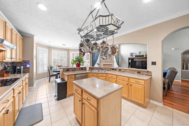 12815 Mimosa Spring Dr, Tomball, TX 77377 - kitchen with a textured ceiling, arched walkways, crown molding, black stovetop, and light brown cabinetry