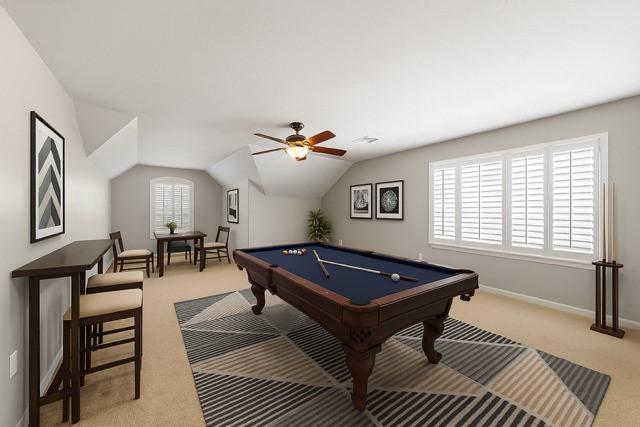 12815 Mimosa Spring Dr, Tomball, TX 77377 - recreation room with light colored carpet, pool table, ceiling fan, and lofted ceiling