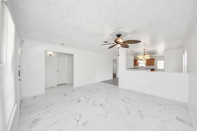 1214 Robert St, Baytown, TX 77521 - unfurnished living room with a ceiling fan, a textured ceiling, a chandelier, and light marble finish floors