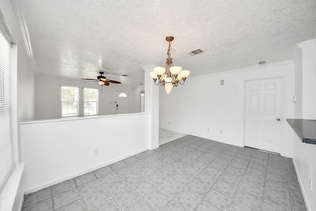 1214 Robert St, Baytown, TX 77521 - unfurnished dining area featuring ceiling fan, a chandelier, a textured ceiling, and ornamental molding