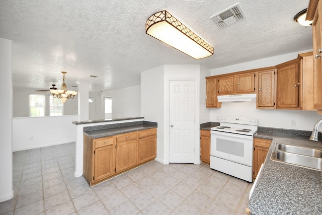 1214 Robert St, Baytown, TX 77521 - kitchen with white range with electric stovetop, under cabinet range hood, dark countertops, a peninsula, and a textured ceiling