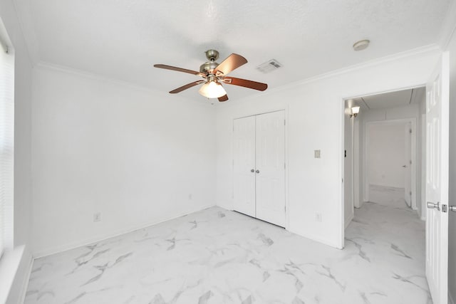 1214 Robert St, Baytown, TX 77521 - unfurnished bedroom featuring attic access, a closet, ornamental molding, and ceiling fan