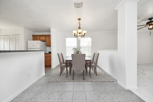 1214 Robert St, Baytown, TX 77521 - dining room featuring a chandelier, a ceiling fan, crown molding, and light tile patterned floors