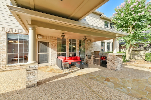 16050 Lockdale Ln, Cypress, TX 77429 - view of patio featuring ceiling fan, an outdoor kitchen, and outdoor lounge area