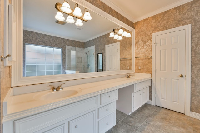 16050 Lockdale Ln, Cypress, TX 77429 - bathroom with double vanity, tiled shower, a chandelier, ornamental molding, and tile patterned floors