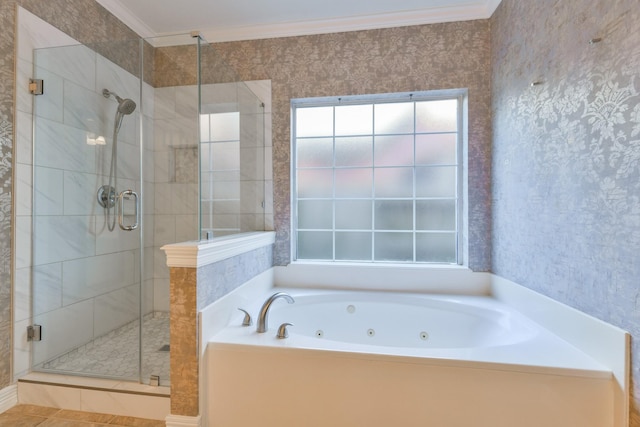 16050 Lockdale Ln, Cypress, TX 77429 - bathroom with a tub with jets, a shower stall, crown molding, and wallpapered walls
