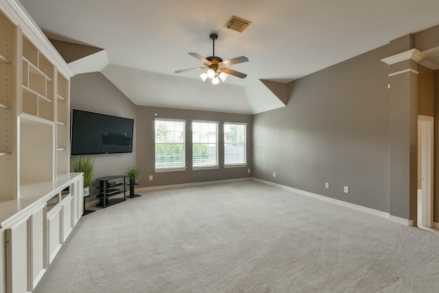 16050 Lockdale Ln, Cypress, TX 77429 - unfurnished living room with a ceiling fan, vaulted ceiling, and light colored carpet