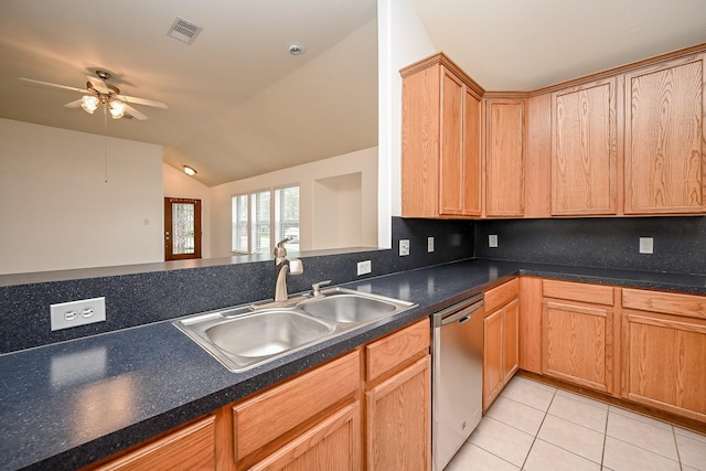 6846 Durango Creek Dr, Magnolia, TX 77354 - kitchen featuring dishwasher, a ceiling fan, light tile patterned flooring, lofted ceiling, and dark countertops