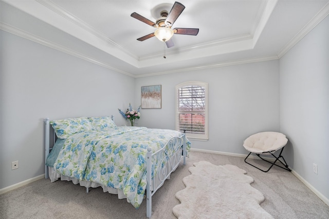 11710 Montmarte Blvd, Houston, TX 77082 - bedroom featuring a raised ceiling, light carpet, crown molding, and ceiling fan