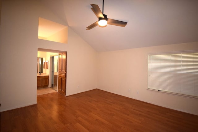 2926 Field Line Dr, Sugar Land, TX 77479 - unfurnished bedroom featuring wood finished floors, lofted ceiling, connected bathroom, and ceiling fan