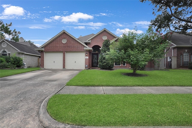 3816 Lake View Dr, Pearland, TX 77581 - traditional-style house with brick siding, a garage, a front lawn, and concrete driveway