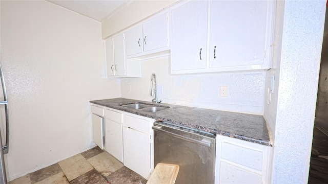 5625 Antoine Dr Unit 606, Houston, TX 77091 - kitchen featuring stainless steel dishwasher, white cabinets, dark stone countertops, and light stone finish floors