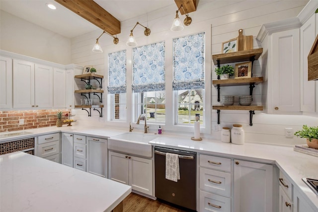 1929 Spanish Moss Dr, College Station, TX 77845 - kitchen featuring open shelves, dishwasher, beamed ceiling, white cabinetry, and light countertops