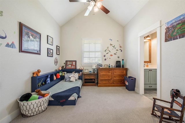 1929 Spanish Moss Dr, College Station, TX 77845 - bedroom featuring light carpet, vaulted ceiling, ensuite bath, and ceiling fan