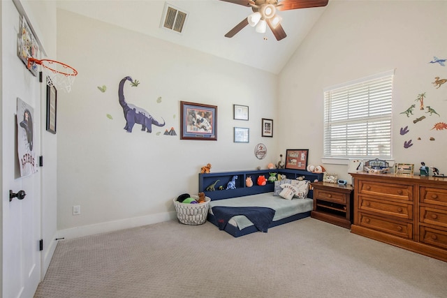 1929 Spanish Moss Dr, College Station, TX 77845 - bedroom with carpet floors, high vaulted ceiling, and ceiling fan