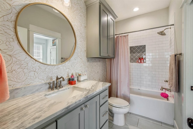 1929 Spanish Moss Dr, College Station, TX 77845 - bathroom featuring wallpapered walls, vanity, shower / tub combo, and tile patterned floors