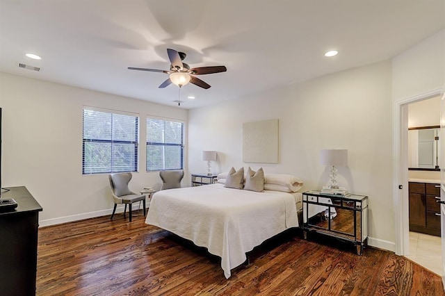 2514 Detering St, Houston, TX 77007 - bedroom featuring wood finished floors, recessed lighting, a ceiling fan, and ensuite bathroom