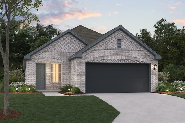 20626 Draper Rd, Tomball, TX 77377 - view of front of house with concrete driveway, an attached garage, brick siding, and a lawn