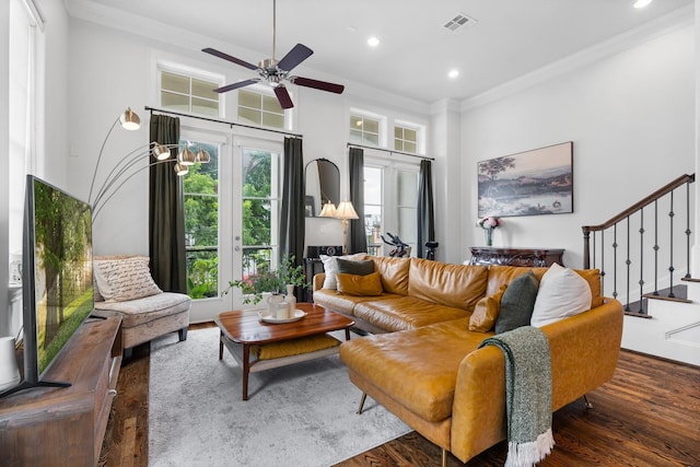 5658 Darling St, Houston, TX 77007 - living area with crown molding, wood finished floors, recessed lighting, stairs, and ceiling fan