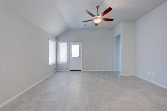 32014 Quail Terrace Ln, Conroe, TX 77385 - unfurnished room featuring a ceiling fan, lofted ceiling, and light tile patterned flooring