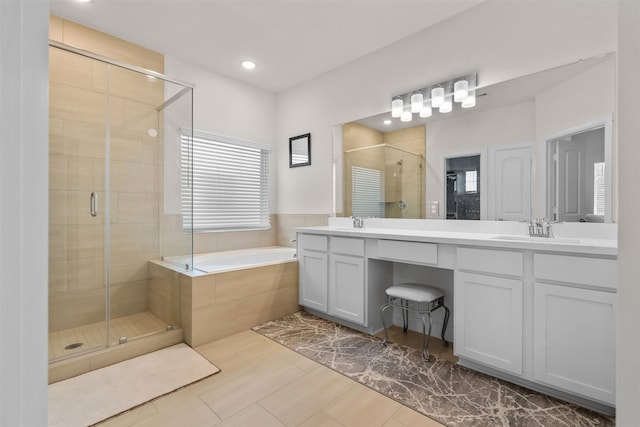 3207 Cedar Dawn Ln, Houston, TX 77091 - full bath featuring a shower stall, double vanity, a bath, and recessed lighting