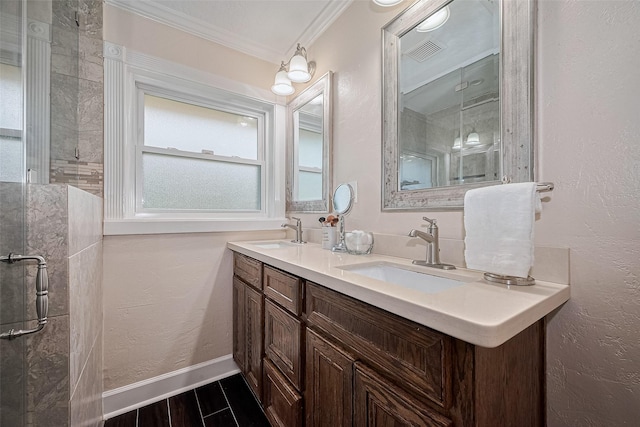 1931 Ansbury Dr, Houston, TX 77018 - bathroom featuring double vanity, crown molding, and tiled shower