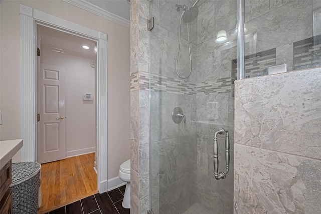 1931 Ansbury Dr, Houston, TX 77018 - full bathroom with ornamental molding, a stall shower, vanity, and wood finished floors