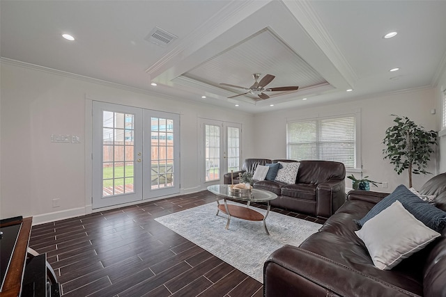 1931 Ansbury Dr, Houston, TX 77018 - living room featuring french doors, ceiling fan, beamed ceiling, crown molding, and recessed lighting