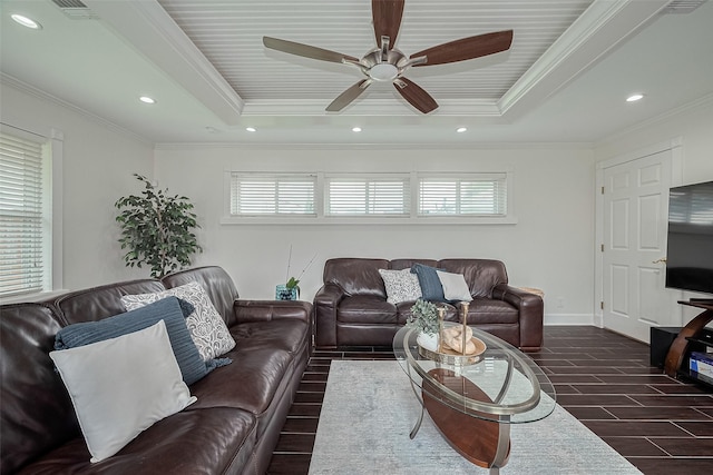 1931 Ansbury Dr, Houston, TX 77018 - living area featuring plenty of natural light, a raised ceiling, ceiling fan, ornamental molding, and recessed lighting