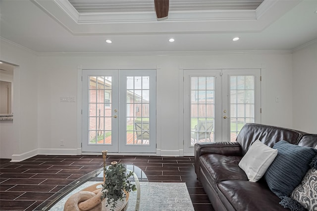 1931 Ansbury Dr, Houston, TX 77018 - living room with french doors, wood tiled floors, recessed lighting, ornamental molding, and a tray ceiling