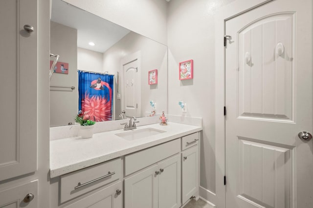 3292 Hidden Gold Prt, Bolivar, TX 77650 - bathroom with vanity, a shower with curtain, and recessed lighting