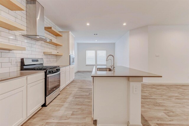 3026 Stock Orchard Ln, Houston, TX 77047 - kitchen featuring stainless steel appliances, open shelves, exhaust hood, light wood-style flooring, and a kitchen island with sink