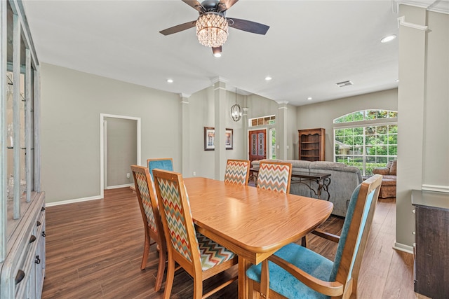 9618 Roarks Psge, Missouri City, TX 77459 - dining area with ornate columns, wood finished floors, recessed lighting, and ceiling fan