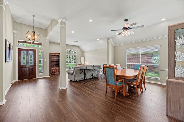 9618 Roarks Psge, Missouri City, TX 77459 - dining space featuring dark wood-style floors, ceiling fan, a chandelier, lofted ceiling, and recessed lighting