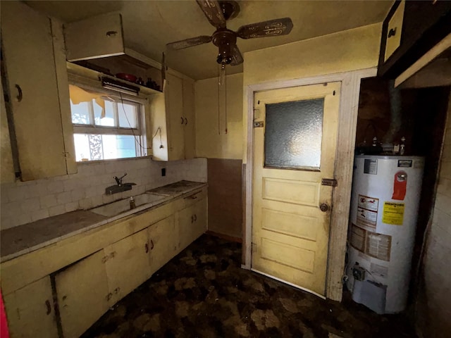 4124 Dabney St, Houston, TX 77026 - kitchen featuring gas water heater, a ceiling fan, and tasteful backsplash