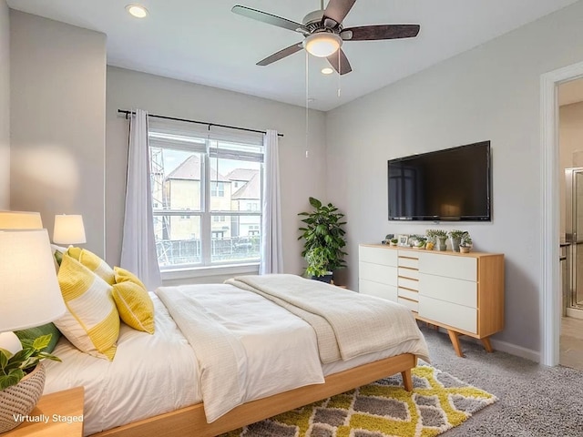 11016 Crescent Light Way, Houston, TX 77043 - bedroom with recessed lighting, a ceiling fan, and light colored carpet