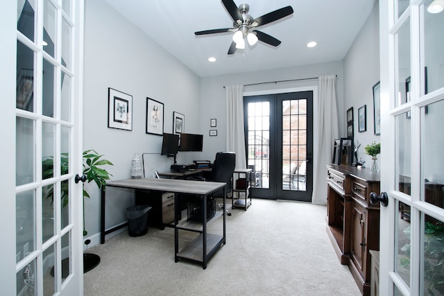 9303 Georgetown Glen Cir, Cypress, TX 77433 - office area featuring french doors, carpet, a ceiling fan, and recessed lighting