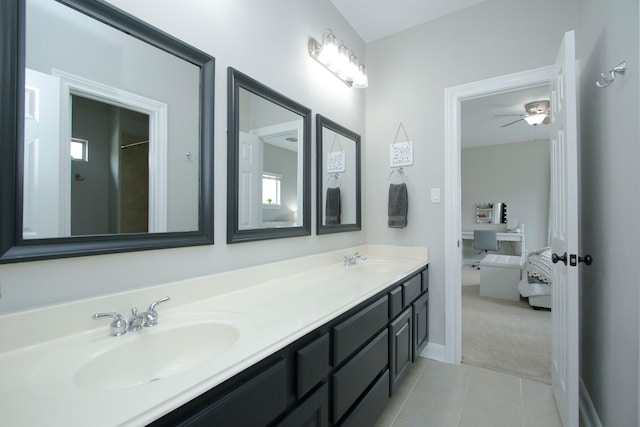 9303 Georgetown Glen Cir, Cypress, TX 77433 - bathroom featuring tile patterned flooring, double vanity, ensuite bath, and ceiling fan