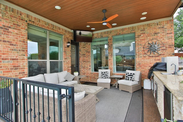 9303 Georgetown Glen Cir, Cypress, TX 77433 - view of patio / terrace featuring an outdoor living space, exterior kitchen, and ceiling fan