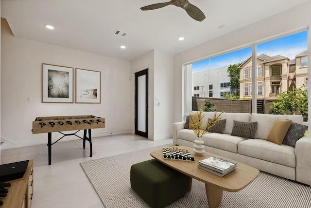 4705 Gibson St, Houston, TX 77007 - living room featuring ceiling fan and recessed lighting