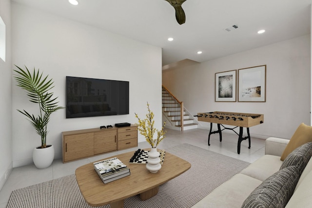 4705 Gibson St, Houston, TX 77007 - living area with stairway, recessed lighting, and ceiling fan