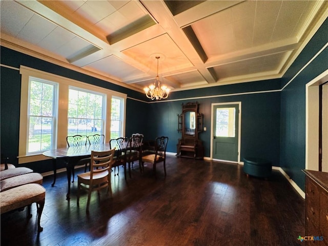1002 E Gonzales St, Yoakum, TX 77995 - dining area with wood finished floors, a chandelier, coffered ceiling, plenty of natural light, and beamed ceiling