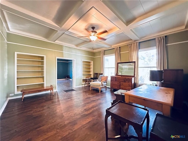 1002 E Gonzales St, Yoakum, TX 77995 - office with built in features, wood finished floors, ceiling fan, beam ceiling, and coffered ceiling