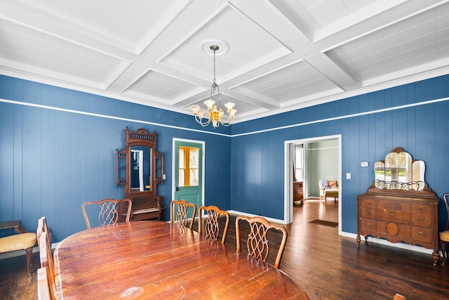 1002 E Gonzales St, Yoakum, TX 77995 - dining room featuring a chandelier, wood finished floors, coffered ceiling, and beamed ceiling