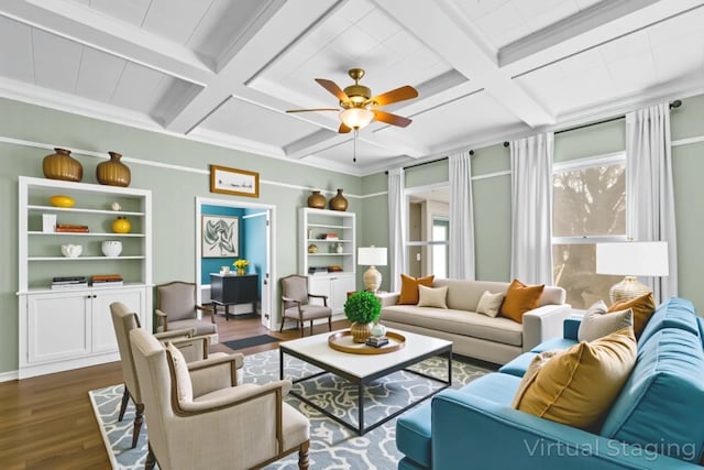 1002 E Gonzales St, Yoakum, TX 77995 - living area with coffered ceiling, dark wood-style floors, a ceiling fan, and beamed ceiling