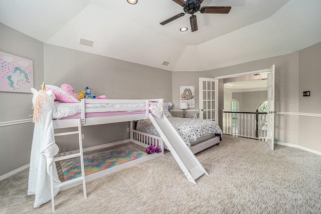 13602 Springmint Dr, Cypress, TX 77429 - carpeted bedroom featuring a ceiling fan, vaulted ceiling, and recessed lighting