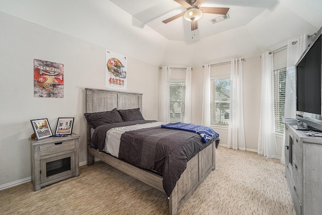 13602 Springmint Dr, Cypress, TX 77429 - bedroom with a ceiling fan, a raised ceiling, and light carpet