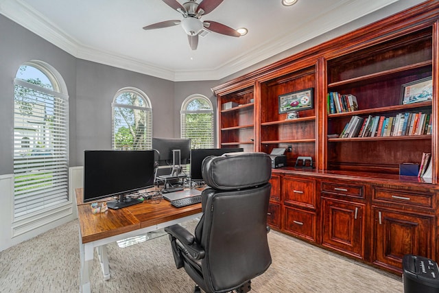 13602 Springmint Dr, Cypress, TX 77429 - home office with ceiling fan, plenty of natural light, ornamental molding, and wainscoting