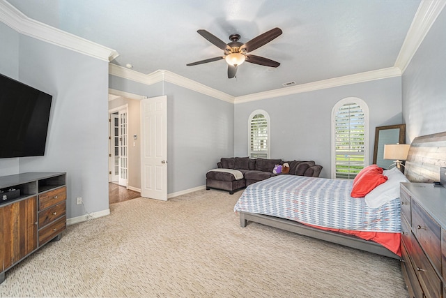 13602 Springmint Dr, Cypress, TX 77429 - bedroom featuring ornamental molding, light colored carpet, and ceiling fan