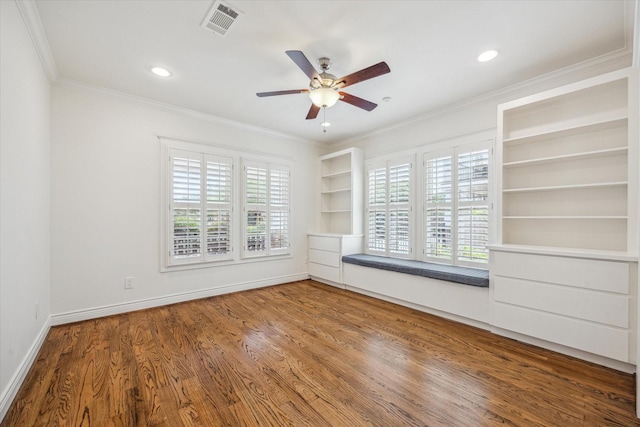 2621 Morrison St, Houston, TX 77009 - empty room with ceiling fan, crown molding, wood finished floors, and recessed lighting